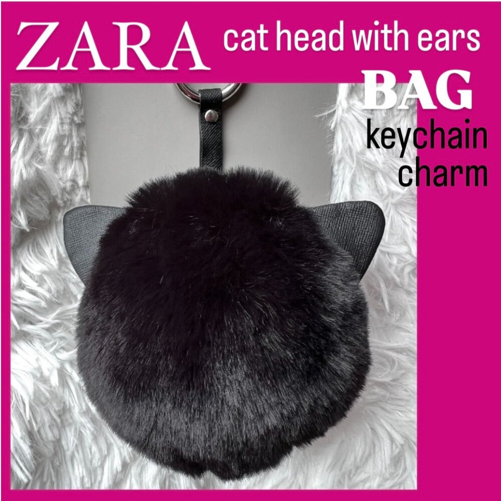 NWT ZARA FUR CAT EARS BAG CHARM KEYRING * Cat Head